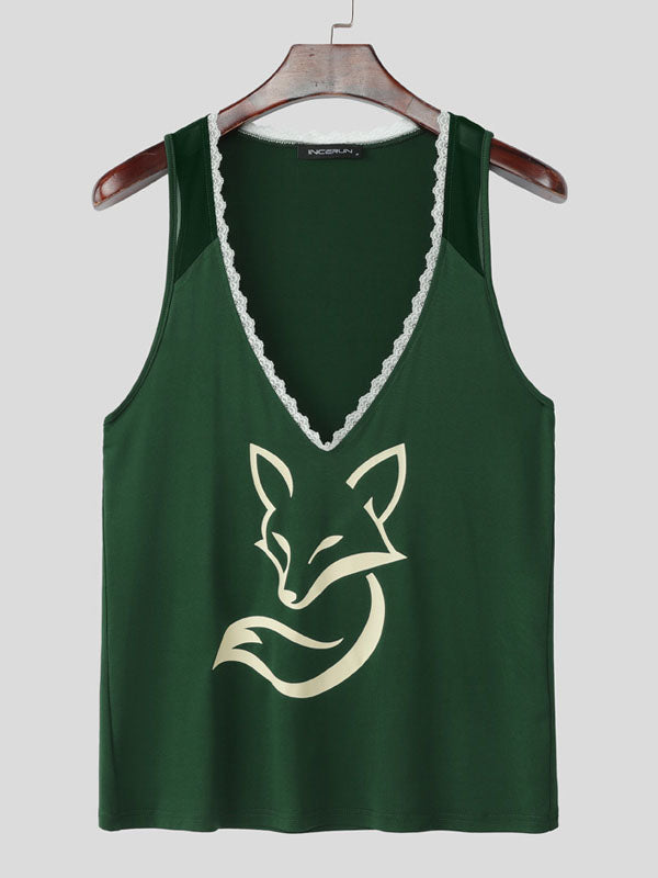 Mens Fox Print Lace Trim Casual Tank SKUL15798