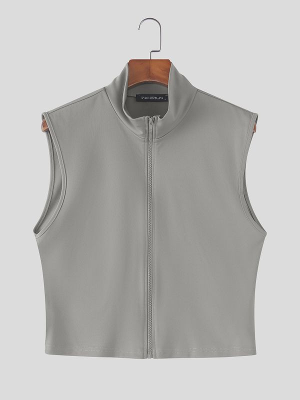 Men's Cyberpunk Techwear Mock Neck Full Zip Up Slim Fit Cropped Tank SKUL66209