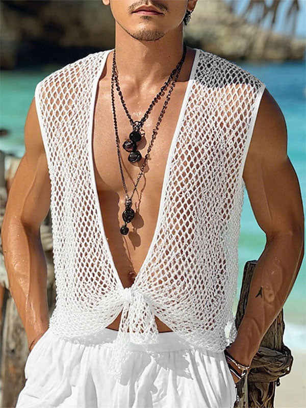 Mens Sheer Mesh Hollow Sleeveless Cardigan SKUL13735