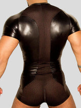 Mens Faux Leather Mesh Patchwork Zip Bodysuit SKUK38089