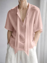 Men's French Romanticism Integrated Hanging Ribbon Drapes Deep V-Neck Shirt SKUL74831