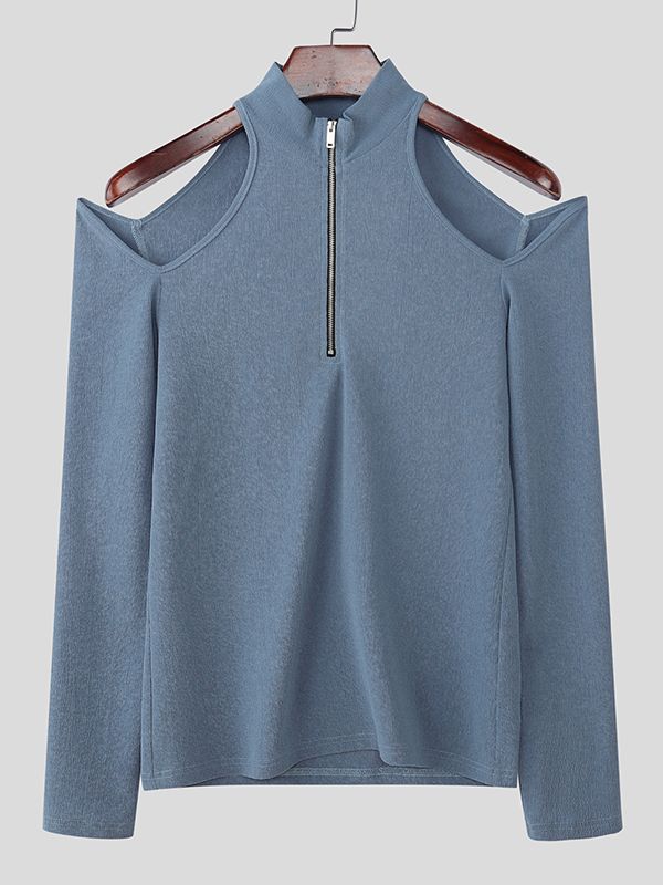 Men's Cut-Out Shoulder Textured Half-Zip Long Sleeve T-shirt SKUL47904