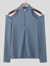 Men's Cut-Out Shoulder Textured Half-Zip Long Sleeve T-shirt SKUL47904