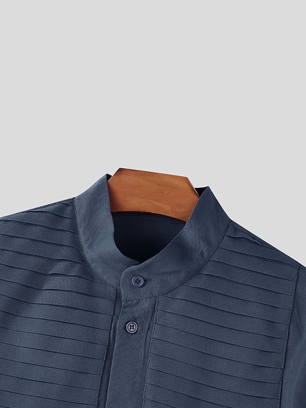 Men's Solid Color Pleated Long Sleeve Shirt SKUL48014