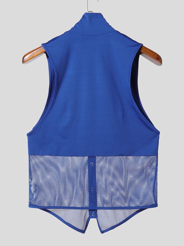Men's Avant-Garde Mid-Section Mesh Deep V-Neck Pointed Hem Tank SKUL54093