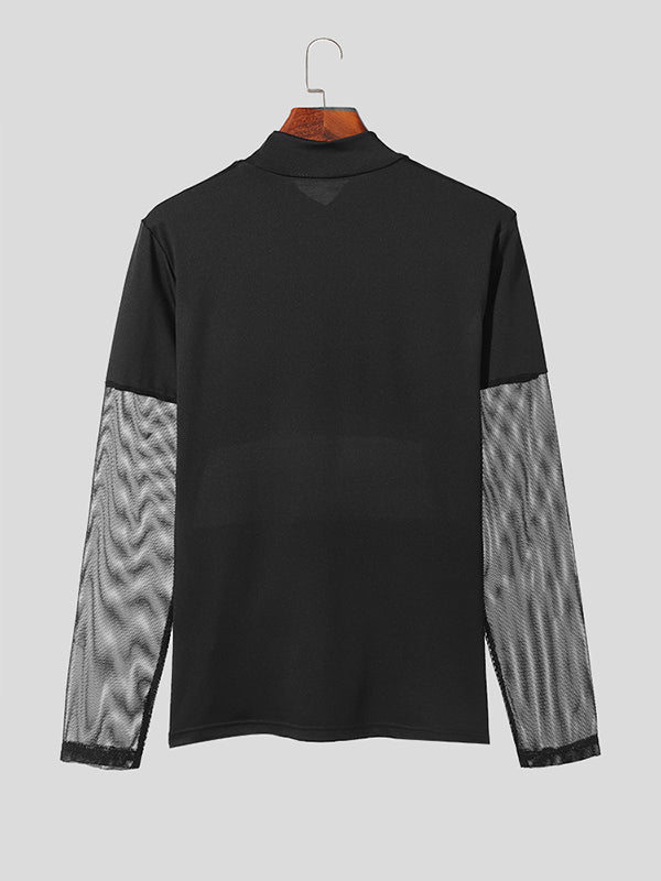 Mens Mesh Patchwork Half-Collar Long Sleeve T-Shirt SKUK38904