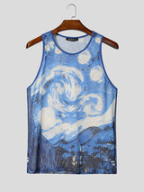 Men's High Street Wear Starry Night Oil Painting Sheer Mesh Casual Tank SKUL55292