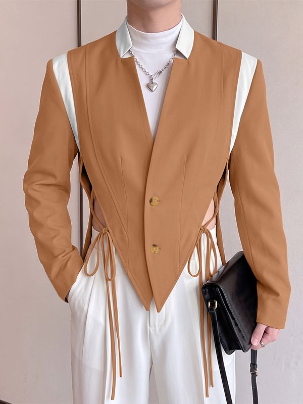 Men's Avant-Garde Deconstructed Stage Runway Side Cutout Strappy Tie Pointed Hem Blazer SKUL85227