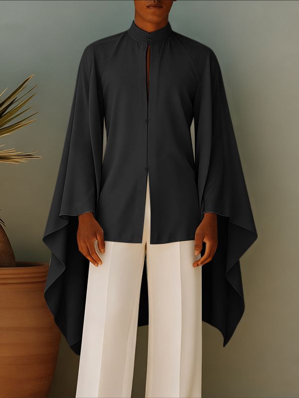 Men's Solid Color Cape Patchwork Long Sleeve Shirt SKUL41538