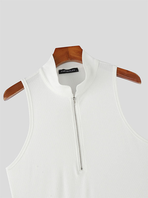 Mens Solid Textured Zip-Up Casual Tank SKUL15195