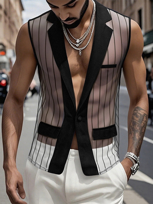 Men's Sheer Mesh Stripe Casual Waistcoat SKUL19022