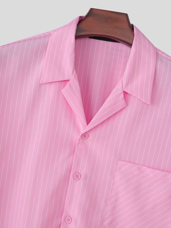 Men's Vintage Casual Stripe Pinstripe Camp Collar Two Pieces Outfit SKUL70401