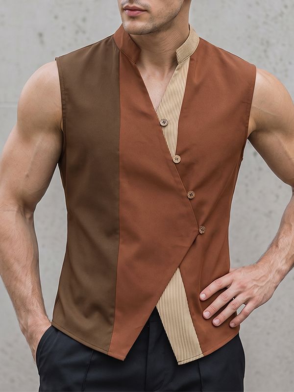 Men's Avant-Garde Color Block Asymmetrical Diagonal Button Stand Collar Tank SKUL75612