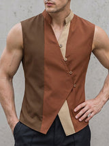 Men's Avant-Garde Color Block Asymmetrical Diagonal Button Stand Collar Tank SKUL75612