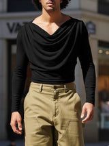 Men's Solid Color Slouchy Neck Long Sleeve T-Shirt SKUL36362