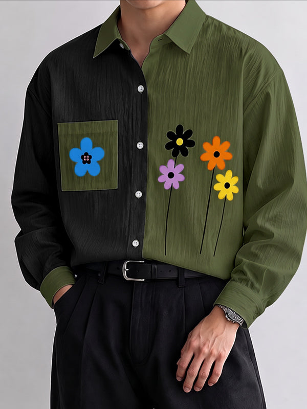 [Pre-order] Men's Smart Chic Art Exhibition Colorblock Splice Floral Print Contrast Pocket Shirt SKUL89078