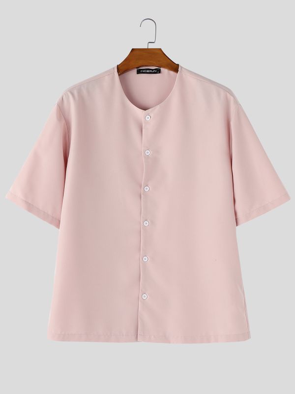 Men's Minimalist Button-Front Collarless Boxy Short Sleeve Shirt SKUL60145