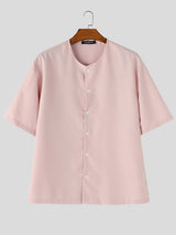 Men's Minimalist Button-Front Collarless Boxy Short Sleeve Shirt SKUL60145