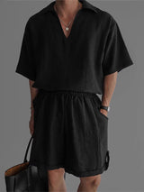 Men's Solid Color V Neck Lapel Casual Two Pieces Outfit SKUL23482