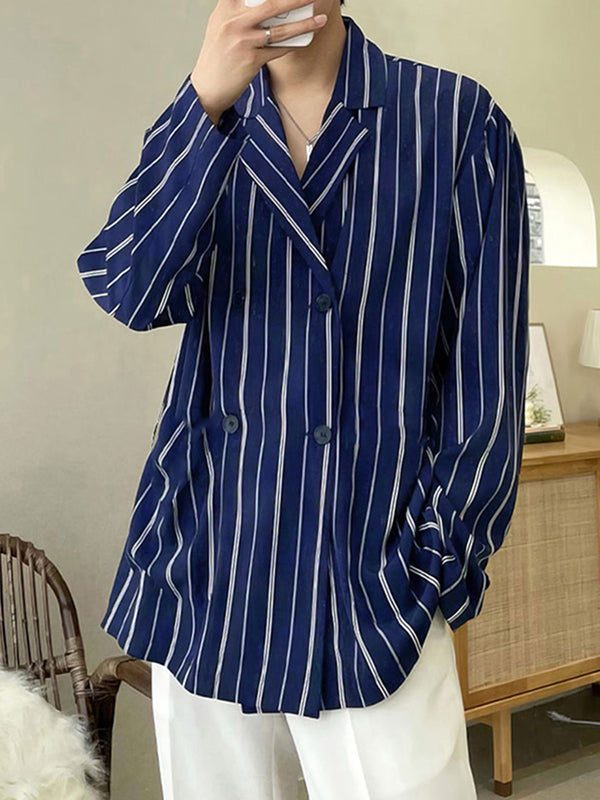 Mens Striped Lapel Double Breasted Casual Shirt SKUK37356