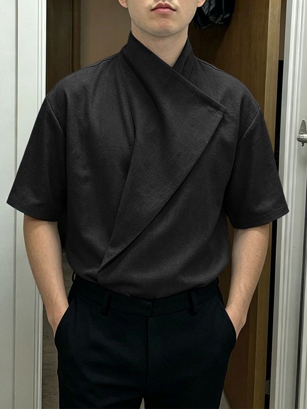 Men's Avant-Garde Minimalist Architectural Wrap-Front High-Collar Shorts Sleeve Shirt SKUL63670