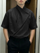 Men's Avant-Garde Minimalist Architectural Wrap-Front High-Collar Shorts Sleeve Shirt SKUL63670
