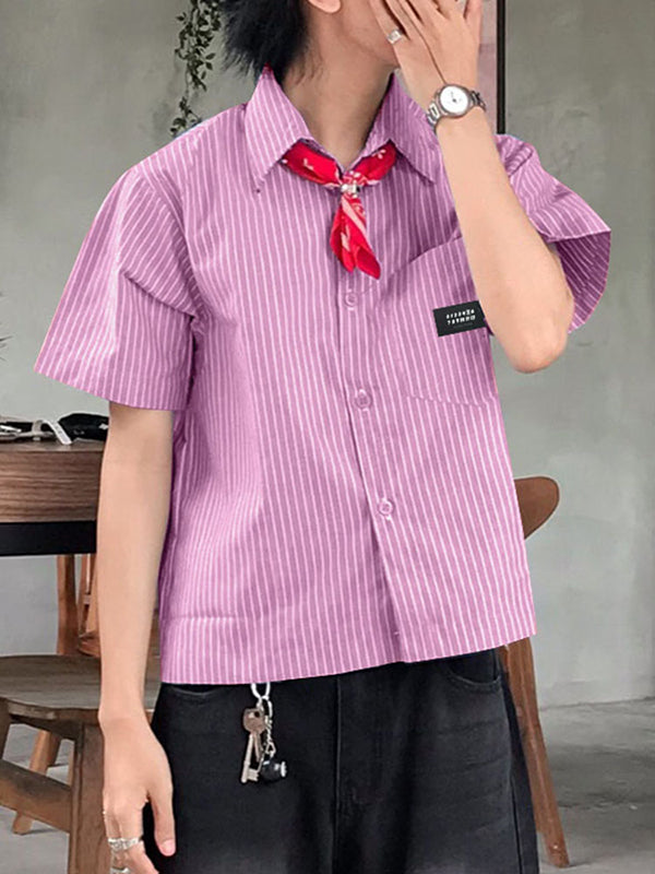 Mens Simple Striped Short Cropped Short Sleeve Shirt SKUL02352