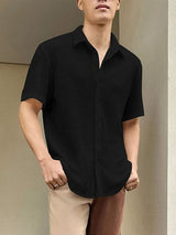 Mens Solid Lapel Collar Short Sleeve Shirt SKUK52047