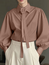 Men's Solid Color Floral Bow Long Sleeve Shirt SKUL30473