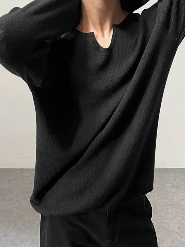 Men's Solid Color Minimalist U-Neck Long Sleeve T-Shirt SKUL43882