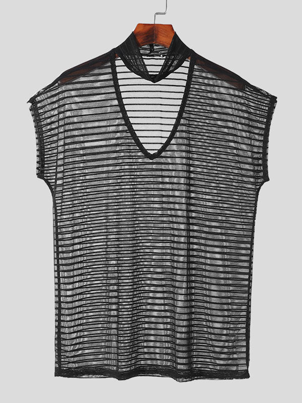 Mens Striped See Through Cap Sleeve T-Shirt SKUK64314