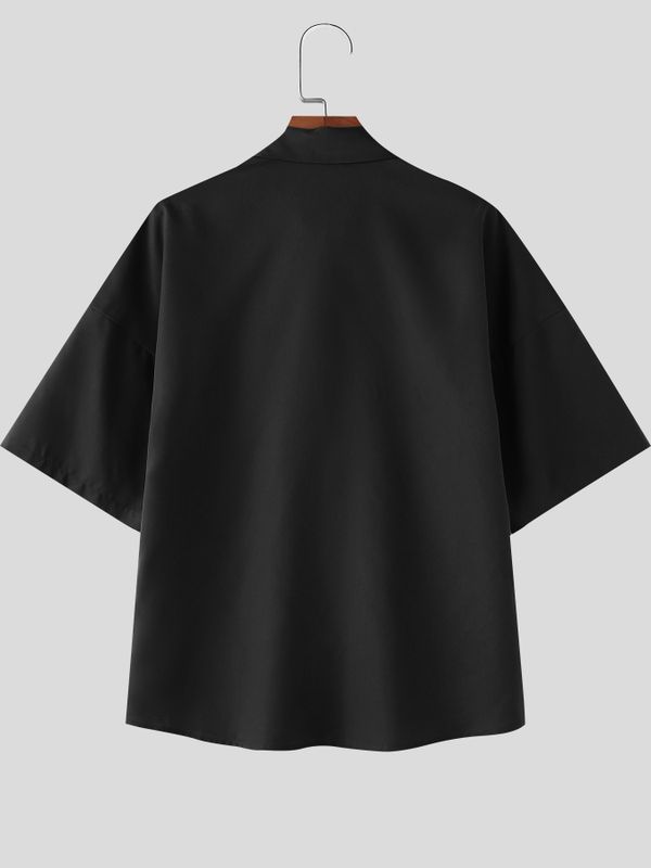 Men's Vintage Japanese Cityboy Cat Graphic Contrast Stitching Short Sleeve Shirt SKUL63833