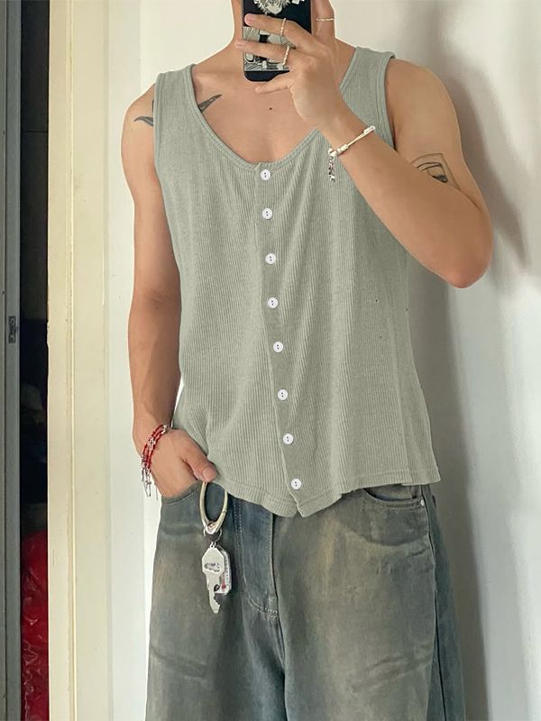 Men's Retro Textured Button-Down Tank SKUL54721