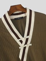 Men's Modern Neo-Chinese Cross V-Neck Frog Button Relaxed Short Sleeve Shirt SKUL60046