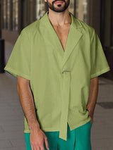 Mens Solid Color Ribbon Patchwork Short Sleeve Shirt SKUL02098