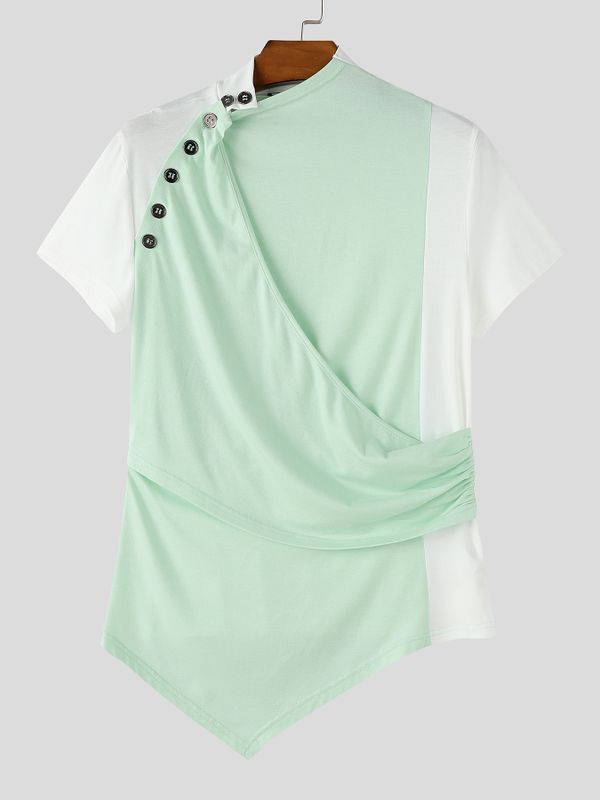 Men's Avant-Garde Deconstructed Asymmetric High-Neck Draped Fitted Short Sleeve T-shirt SKUL71253