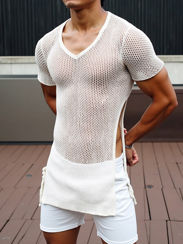 Mens Sheer Mesh Side Slit Short Sleeve T-Shirt SKUL04314