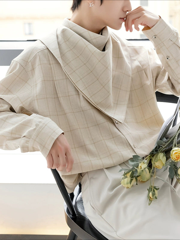 Men's British Style Plaid Scarf Collar Long Sleeve Shirt SKUL31853