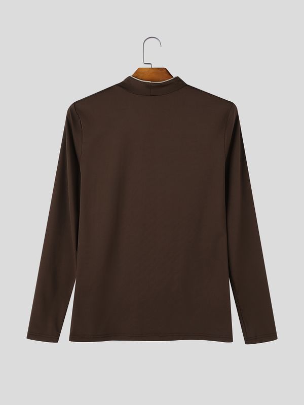 Men's Avant-Garde Darkwear Nightclub Party Chest Cut-Out Contrast Trim Mock Neck T-shirt SKUL86042