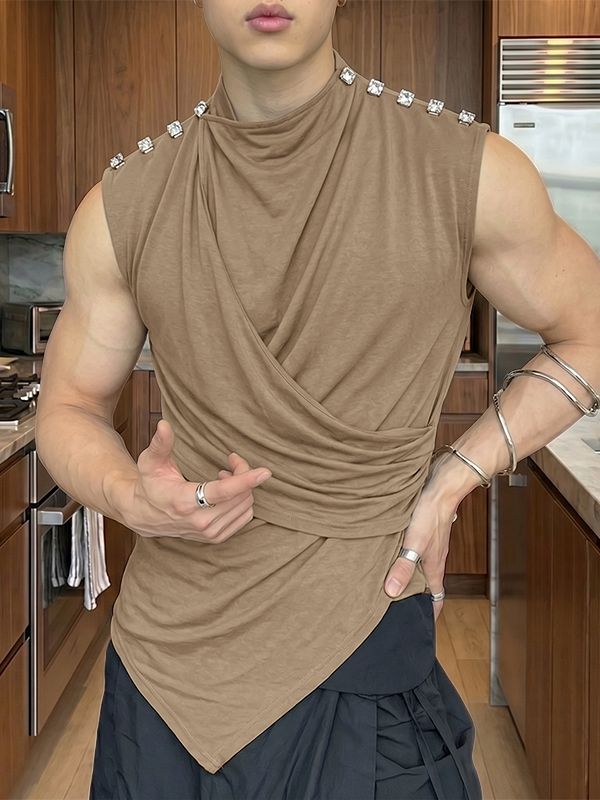 Men's Avant-garde Streetwear Draped Metal Studded Asymmetric Tank SKUL66868