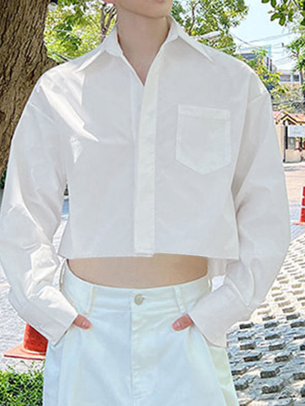 Mens Solid Color Cropped Long-Sleeve Shirt SKUL03004