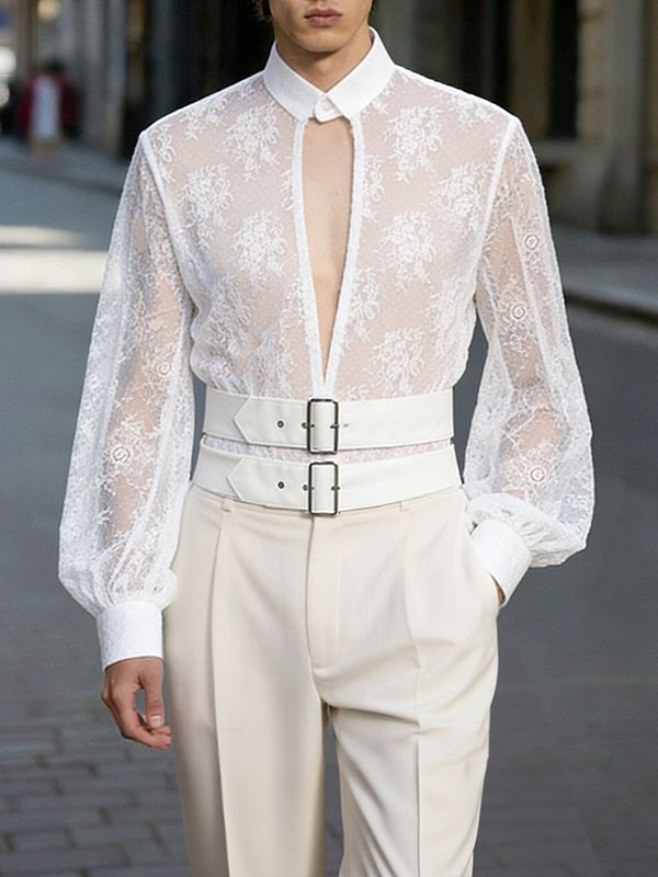 Men's Leather Strap Sheer Lace Long Sleeve Shirt SKUL47892
