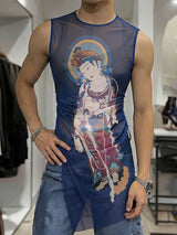 Men's Avant-Garde High Street Buddhist Graphic Mesh Sheer Tank SKUL65895