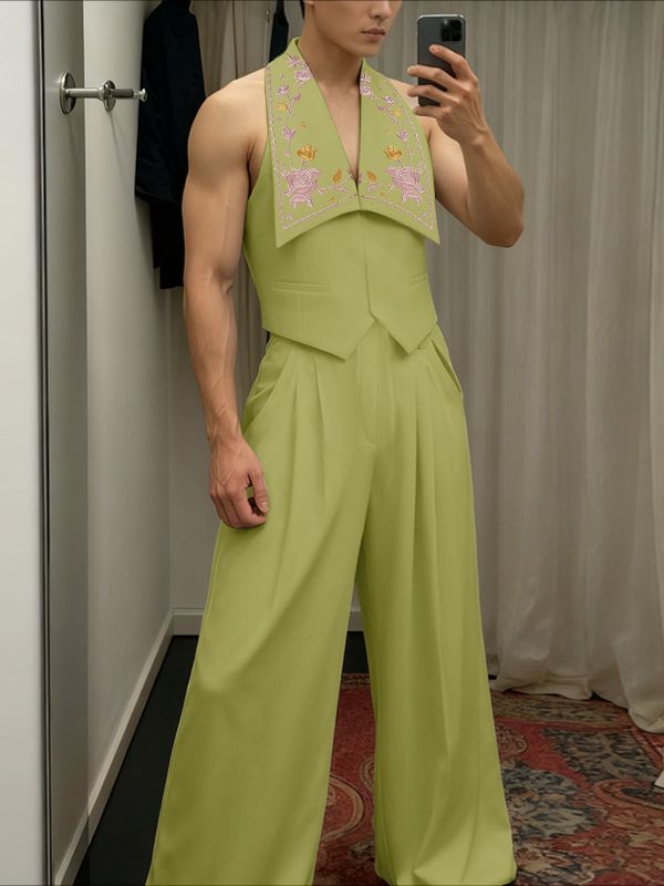 Men's Floral Embroidery Turn Down Collar Two Pieces Outfit SKUL38945