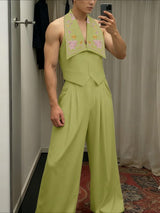 Men's Floral Embroidery Turn Down Collar Two Pieces Outfit SKUL38945