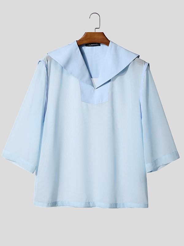 Men's Avant-Garde Sheer Sailor Collar V-Neck Mesh Textured Shirt SKUL60201