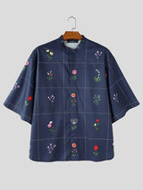 Men's Avant-Garde Neo-Chinese Dotted-Grid Floral Print Short Sleeve Shirt SKUL72451