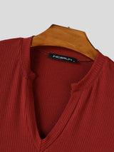 Men's Smart-Casual Ribbed Knit Deep Notch V-Neck Long Sleeve Shirt SKUL80470