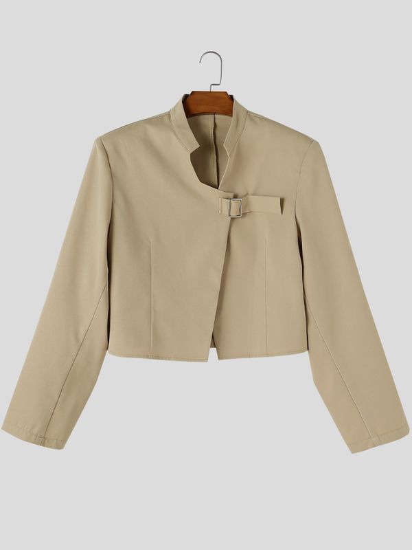 Men's Avant-Garde Deconstructed Stage Runway Asymmetric Stand Collar Buckle Cropped Blazer SKUL85938