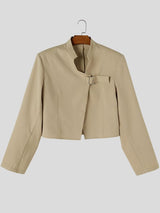 Men's Avant-Garde Deconstructed Stage Runway Asymmetric Stand Collar Buckle Cropped Blazer SKUL85938